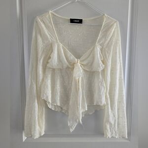 Cider Off White Ruffled Tie-Front Long Sleeve Blouse Top